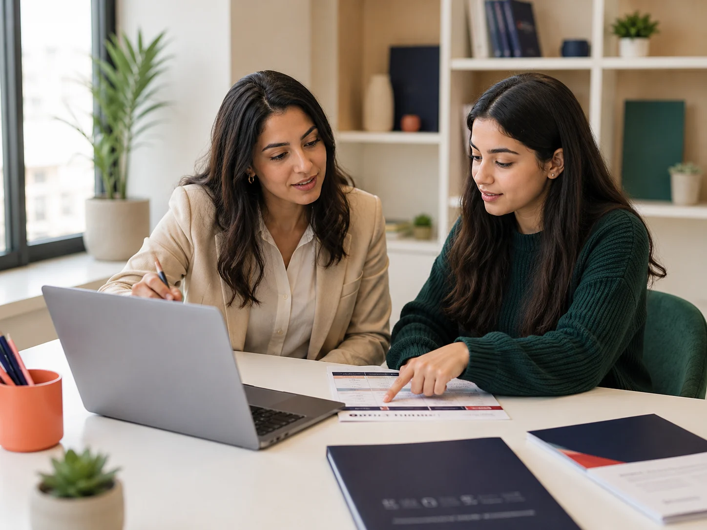 Étudiante et conseillère travaillant sur des préinscriptions universitaires