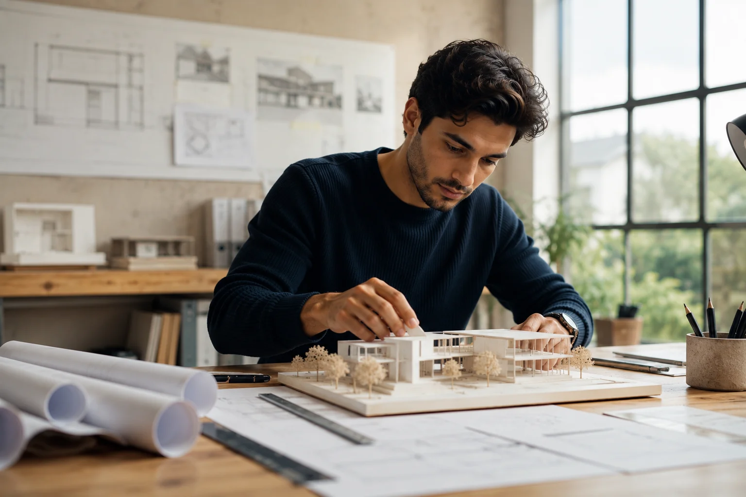 Architecte travaillant sur une maquette et des plans de bâtiment