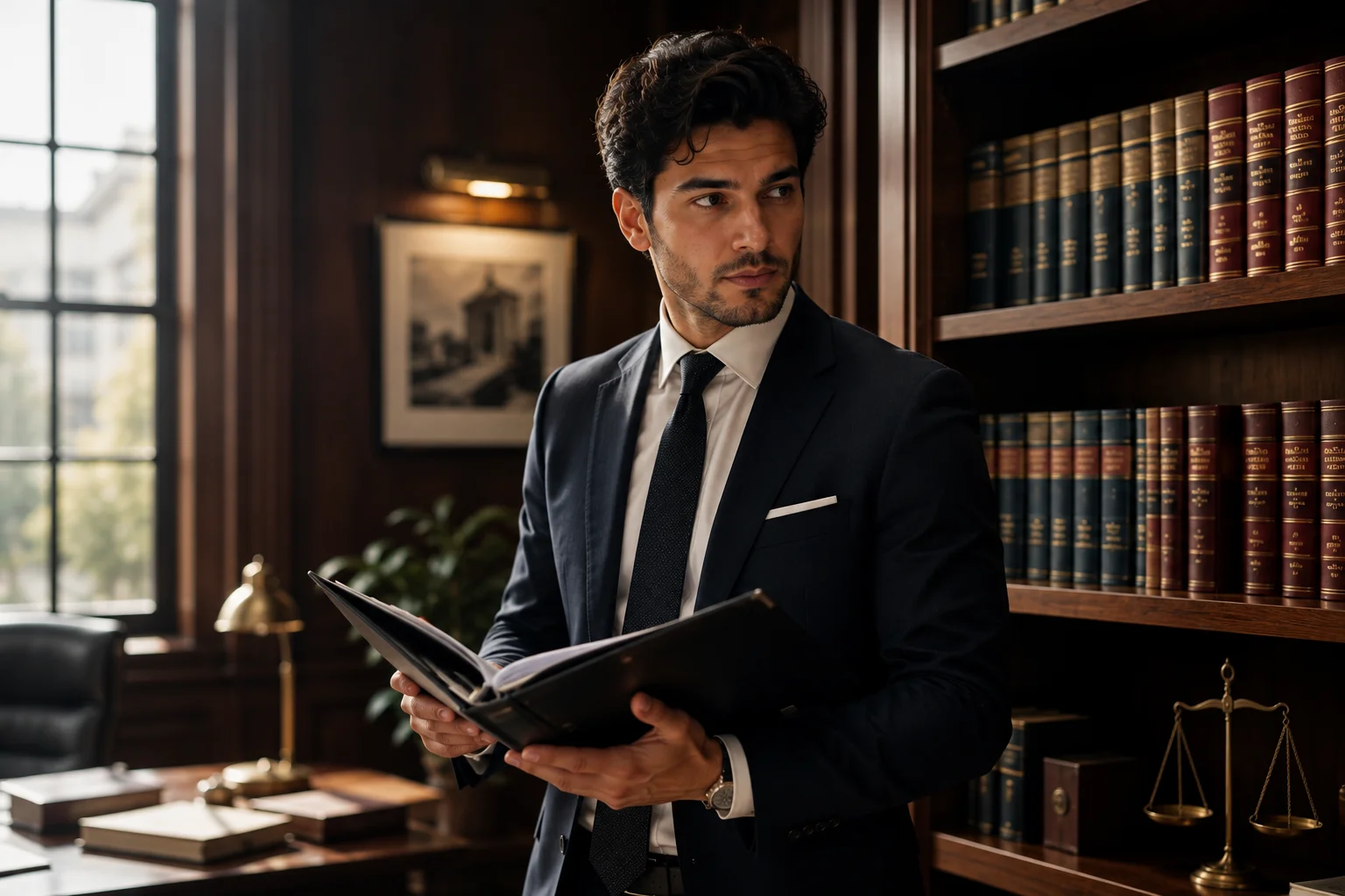Juriste dans un cabinet, dossiers et code juridique sur le bureau