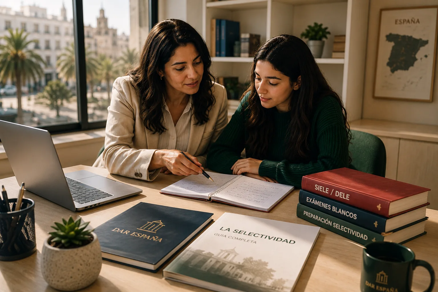 Conseillère Dar España accompagnant une étudiante dans sa préparation à la Selectividad, guide et manuels sur le bureau