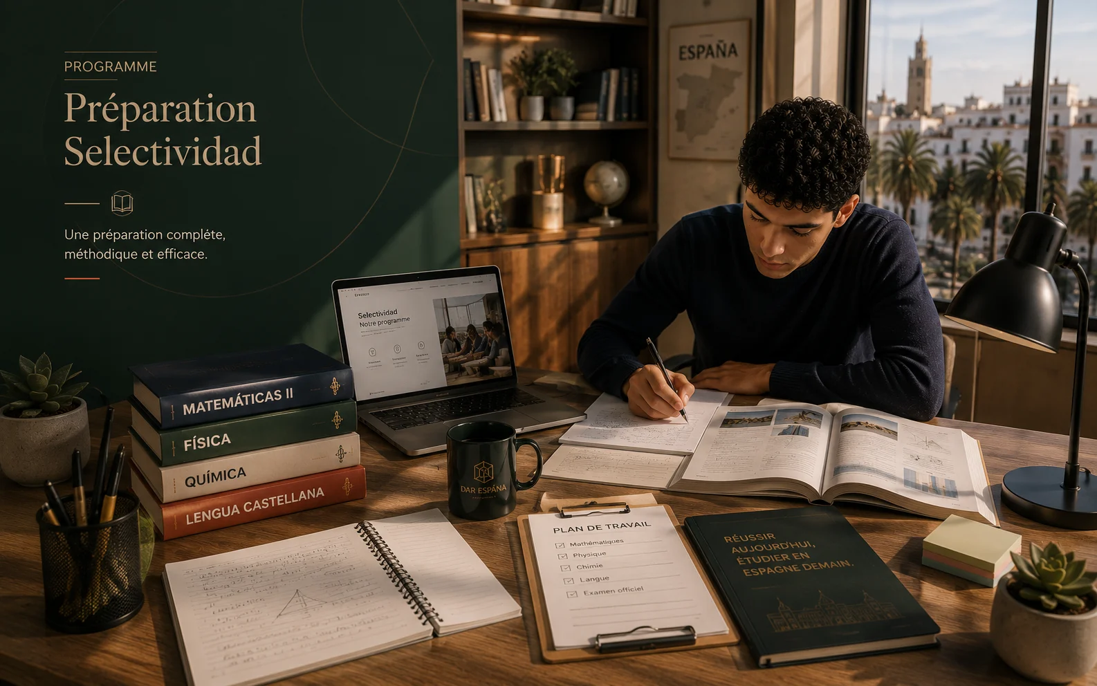 Étudiant révisant les matières de la Selectividad — manuels de spécialité et plan de travail